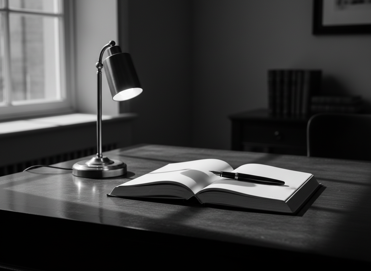 Editorial black-and-white photograph of an open hardcover book and a fountain pen on a dark wooden desk beside a small brass reading lamp